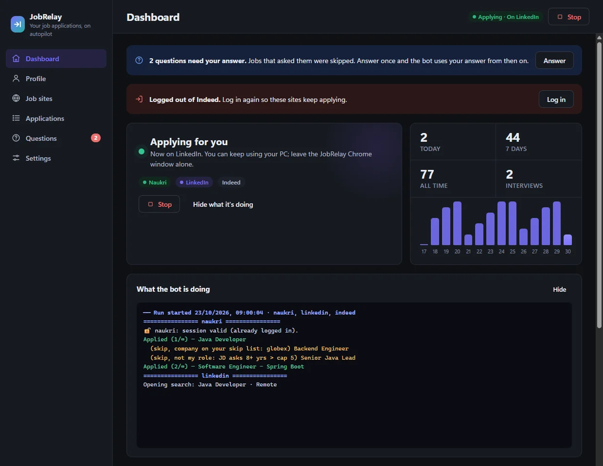 JobRelay's dashboard while it applies on LinkedIn: today's and this week's applications, and a live log
