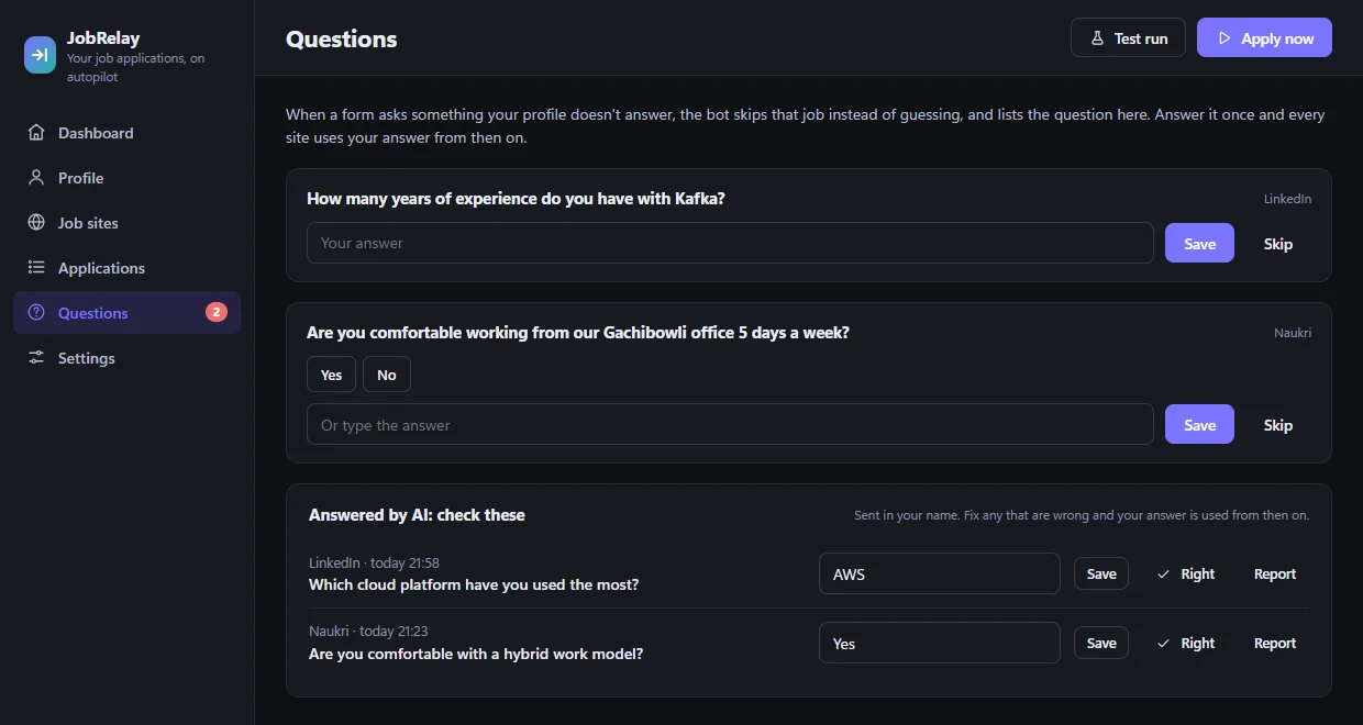 The Questions inbox: questions the profile couldn't answer, and AI answers to check